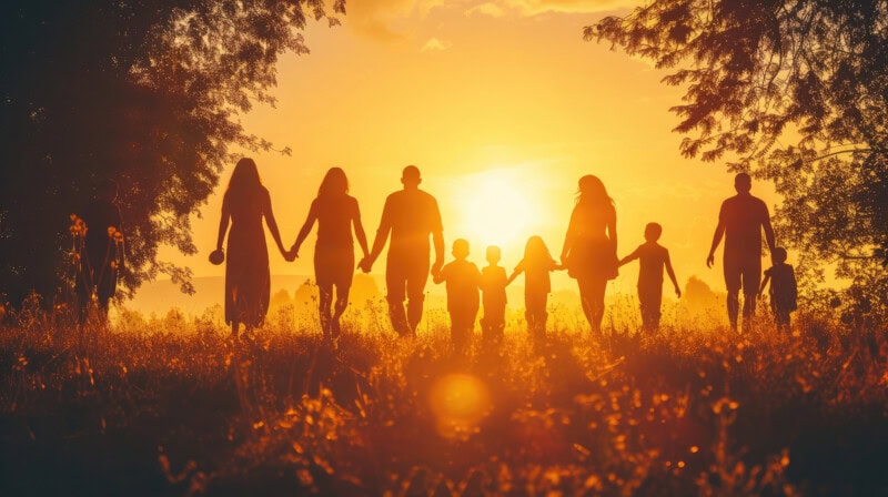 Community Large Family In The Park. A Large Group Of People Holding Hands Walking Silhouette On Nature Sunset In The Park. Big Family Kid Dream Concept. People In The Park. Large Sunlight Family